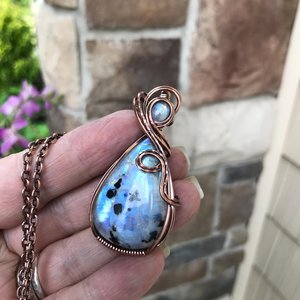 Rainbow Moonstone with Black Tourmaline Copper Necklace