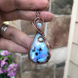 Rainbow Moonstone with Black Tourmaline Copper Necklace