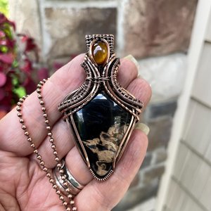 Petrified Palm Wood & Tiger Eye Copper Pendant with Weaving