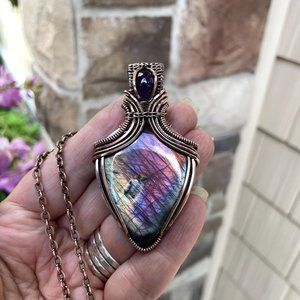 Pink Purple Labradorite & Amethyst Copper Pendant with Weaving