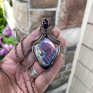 Pink Purple Labradorite & Amethyst Copper Pendant with Weaving
