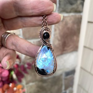 Moonstone with Tourmaline & Black Onyx Copper Pendant