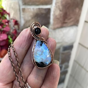 Moonstone with Tourmaline & Black Onyx Copper Pendant