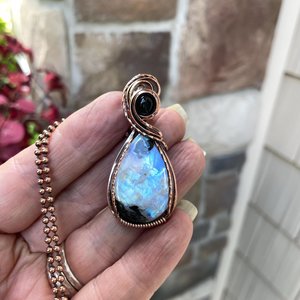 Moonstone with Tourmaline & Black Onyx Copper Pendant