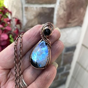 Moonstone with Tourmaline & Black Onyx Copper Pendant