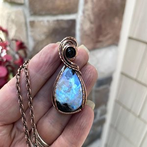 Moonstone with Tourmaline & Black Onyx Copper Pendant