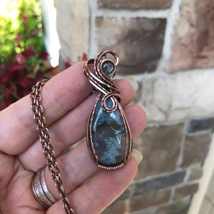 Moss Agate & Aquamarine Copper Swirly Necklace