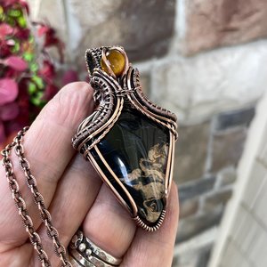 Petrified Palm Wood & Tiger Eye Copper Pendant with Weaving