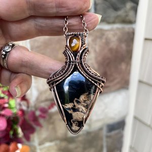 Petrified Palm Wood & Tiger Eye Copper Pendant with Weaving