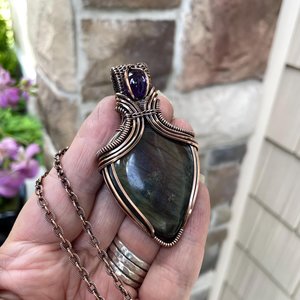 Pink Purple Labradorite & Amethyst Copper Pendant with Weaving