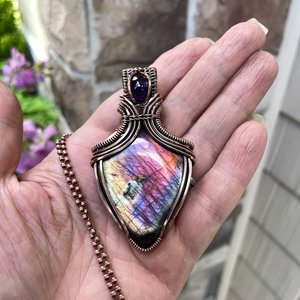 Pink Purple Labradorite & Amethyst Copper Pendant with Weaving