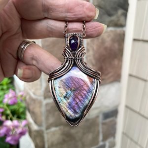 Pink Purple Labradorite & Amethyst Copper Pendant with Weaving