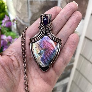 Pink Purple Labradorite & Amethyst Copper Pendant with Weaving