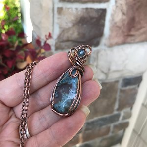Moss Agate & Aquamarine Copper Swirly Necklace