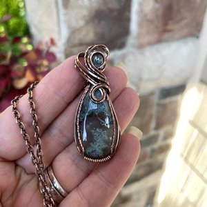Moss Agate & Aquamarine Copper Swirly Necklace