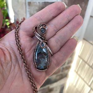 Moss Agate & Aquamarine Copper Swirly Necklace