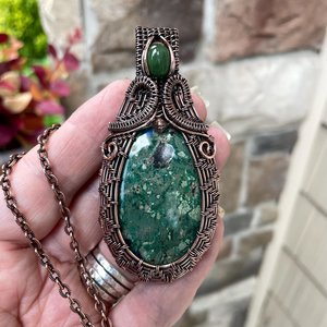 Azurite & Jade Woven Copper Pendant