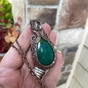 Chrysocolla & Prasiolite Woven Copper Pendant