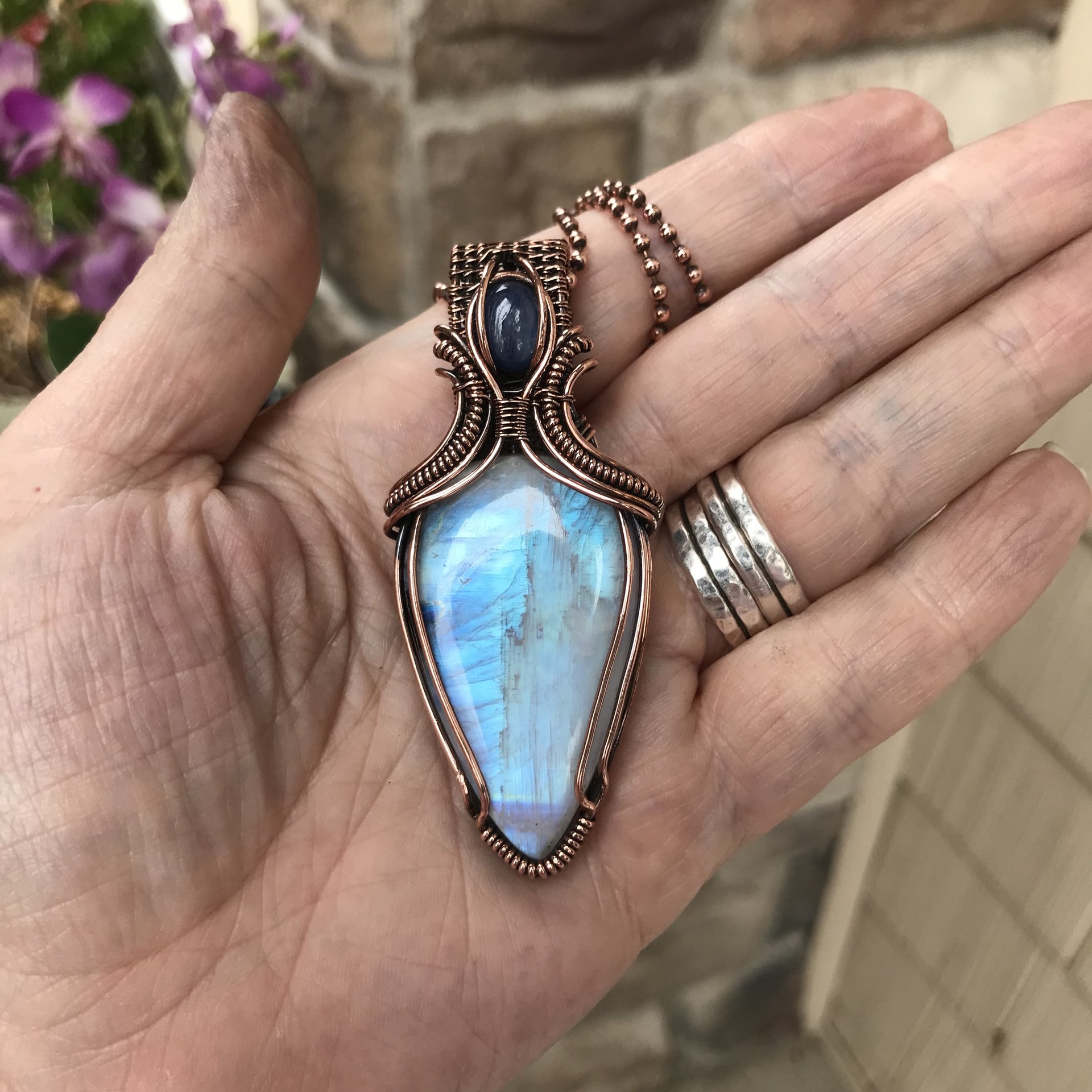 Rainbow Moonstone with Black Tourmaline and Kyanite Copper Necklace