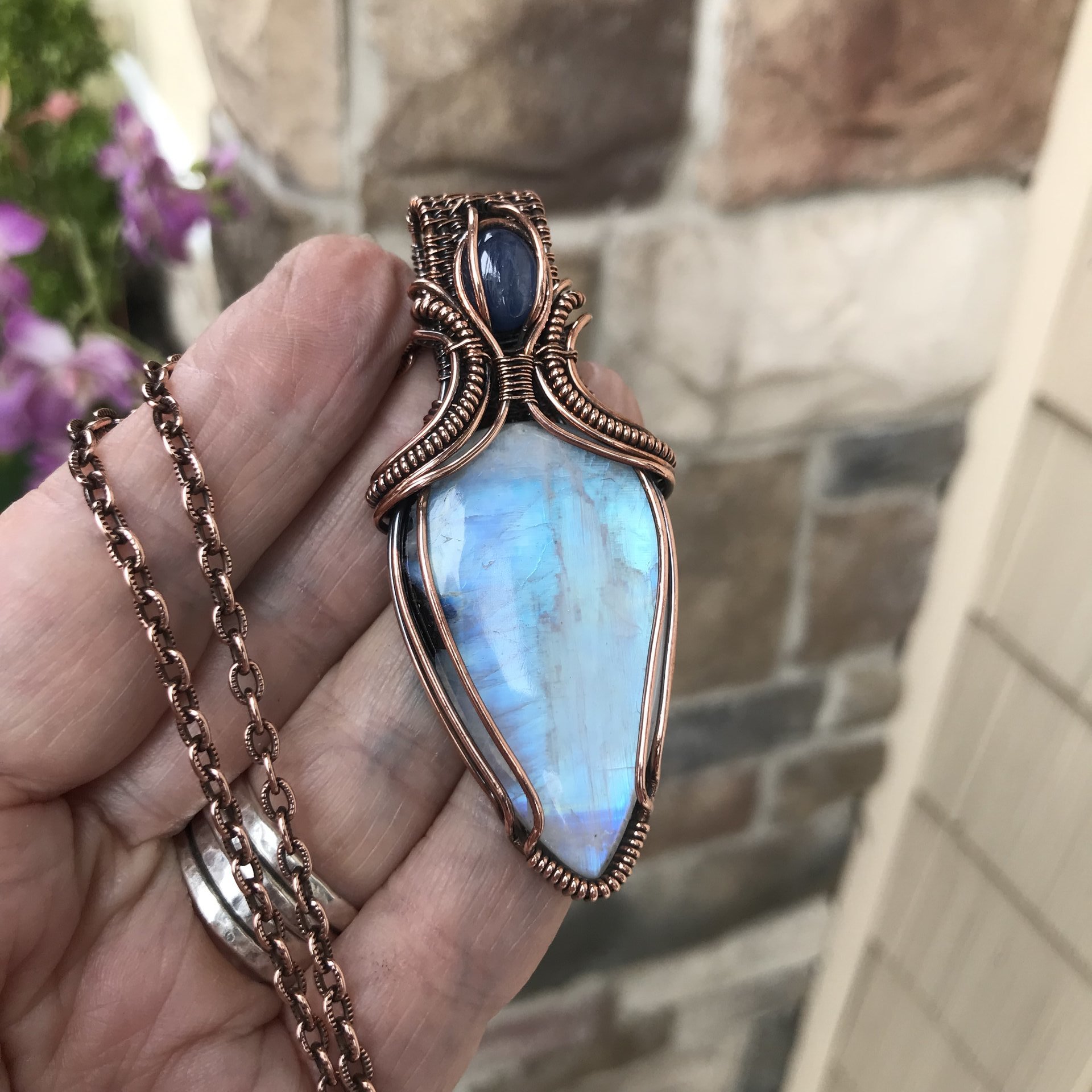 Rainbow Moonstone with Black Tourmaline and Kyanite Copper Necklace