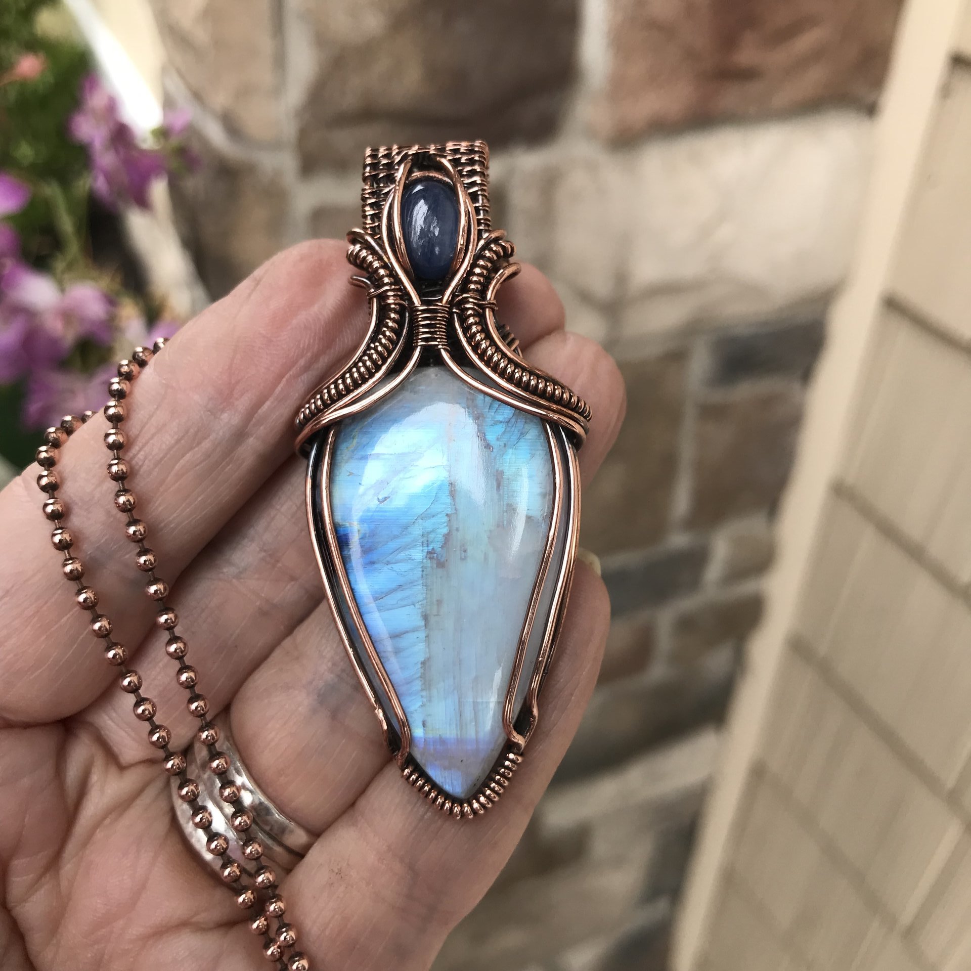 Rainbow Moonstone with Black Tourmaline and Kyanite Copper Necklace