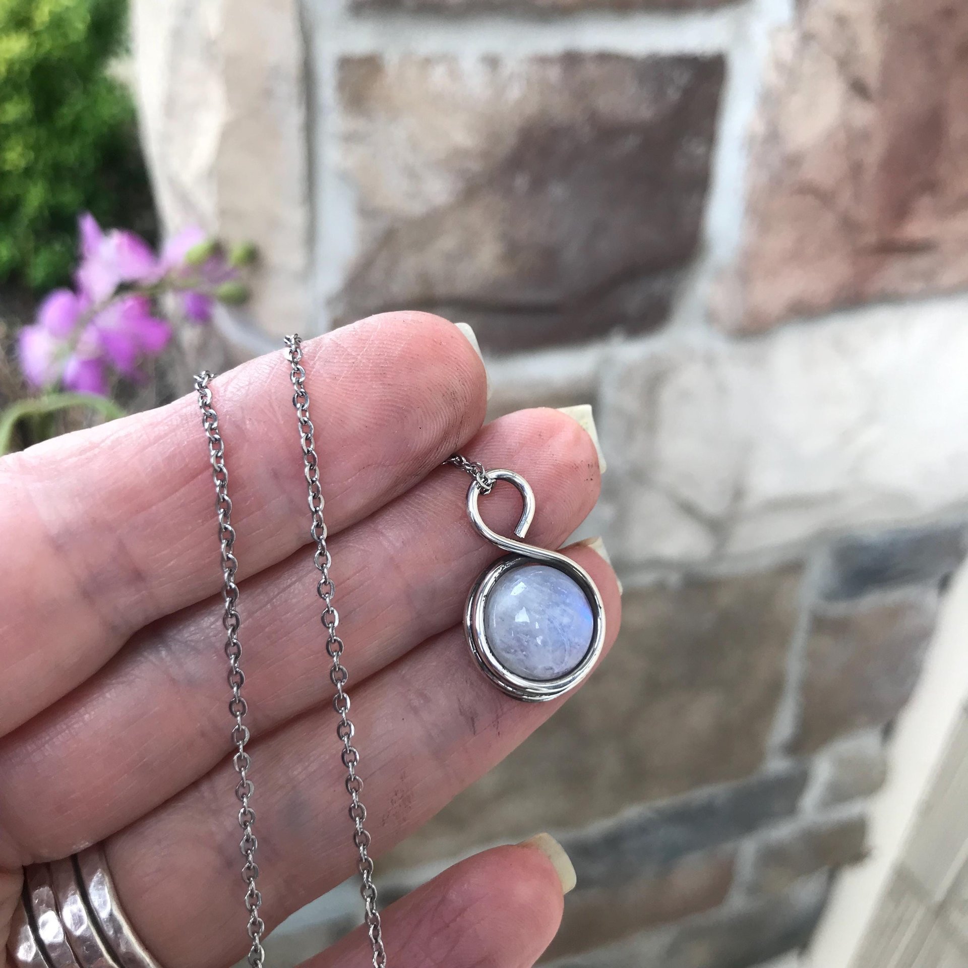 Moonstone mini silver wire wrapped necklace, Handmade artisan round rainbow crystal pendant