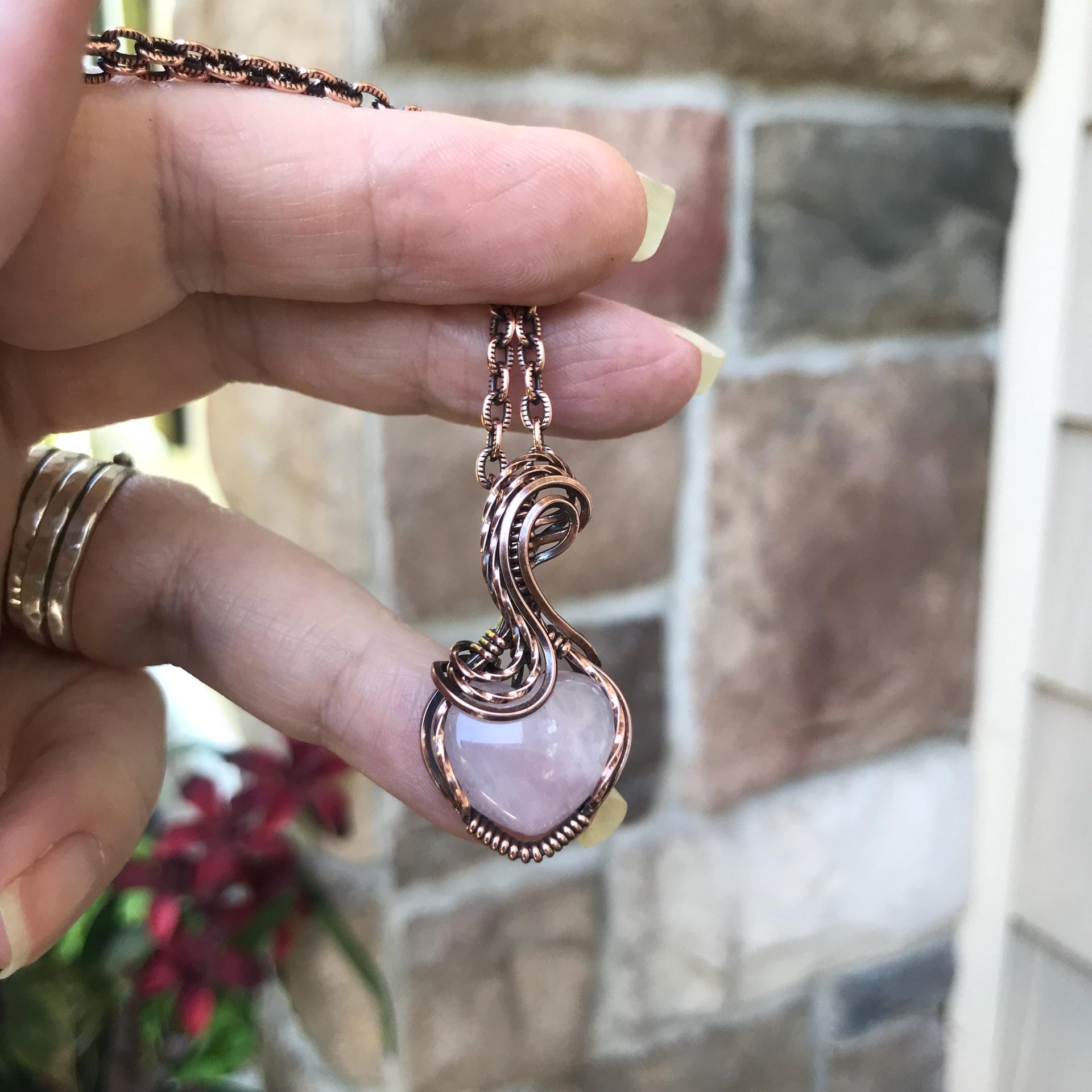 Rose Quartz Small Copper Heart Pendant