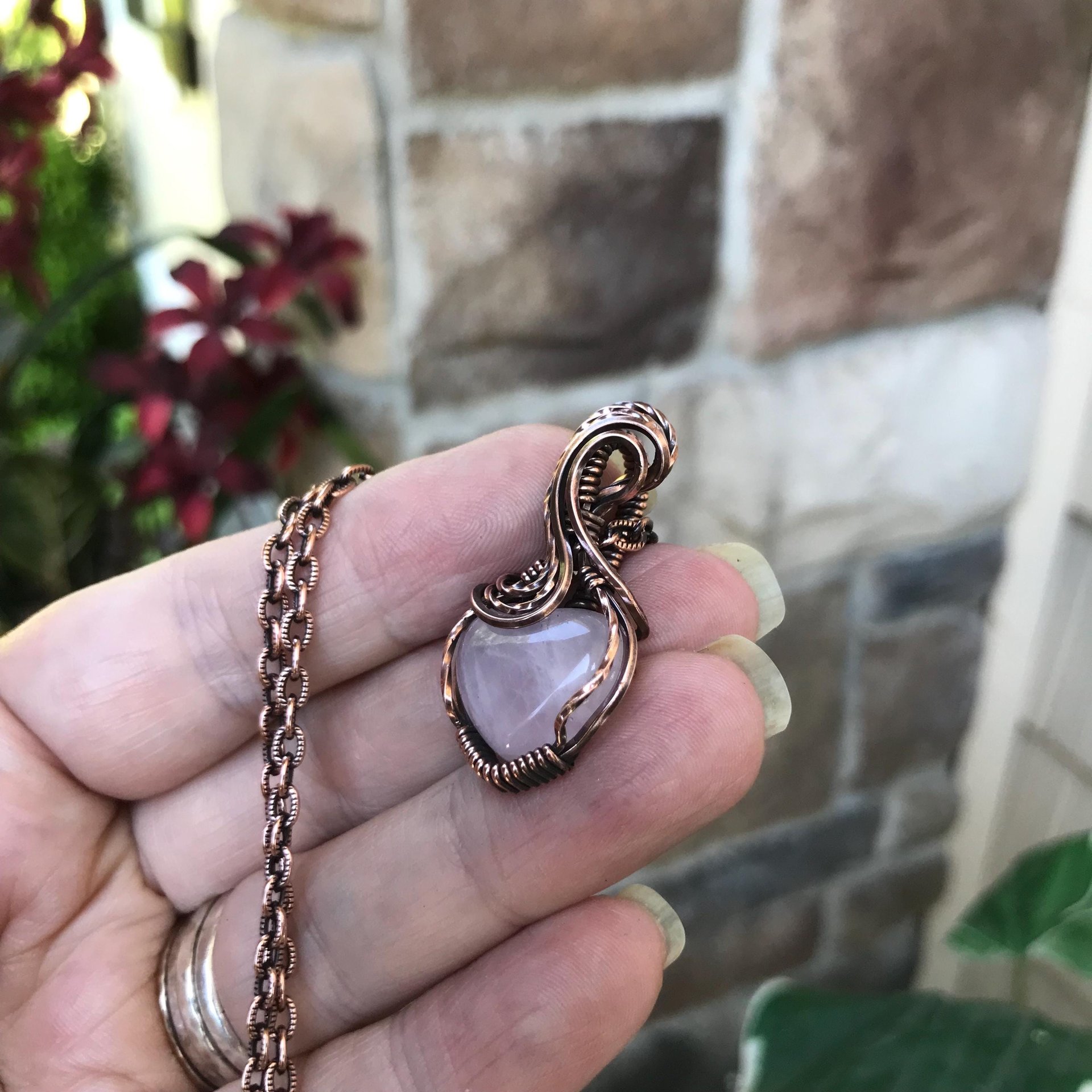 Rose Quartz Small Copper Heart Pendant