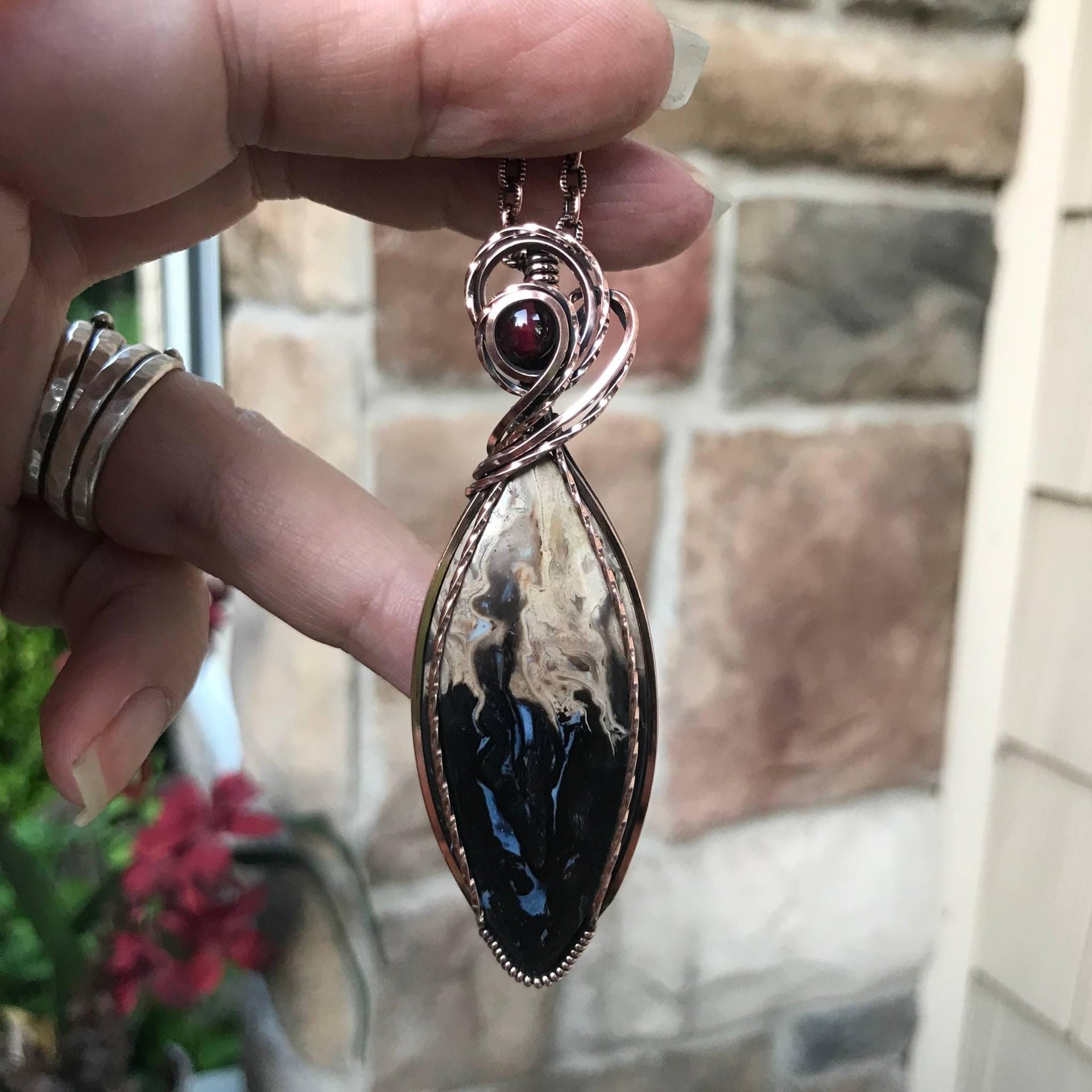 Petrified Palm Root & Garnet Copper Pendant