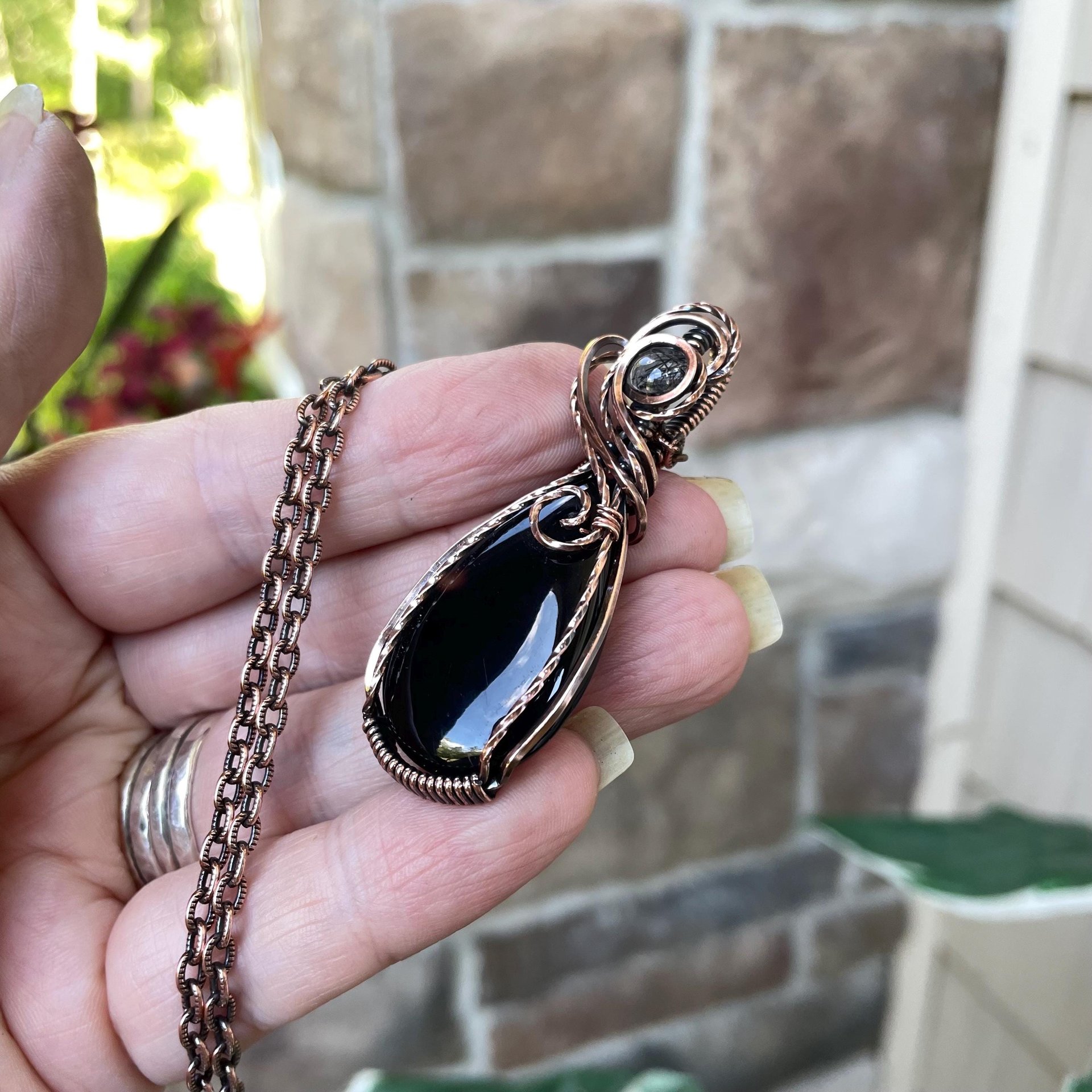 Black Onyx w/Black Rutile Accent Copper Necklace