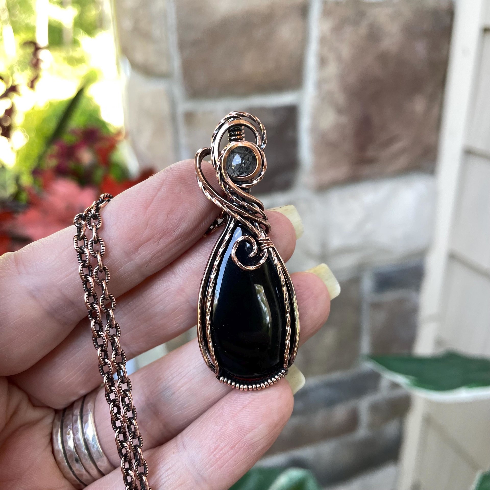 Black Onyx w/Black Rutile Accent Copper Necklace