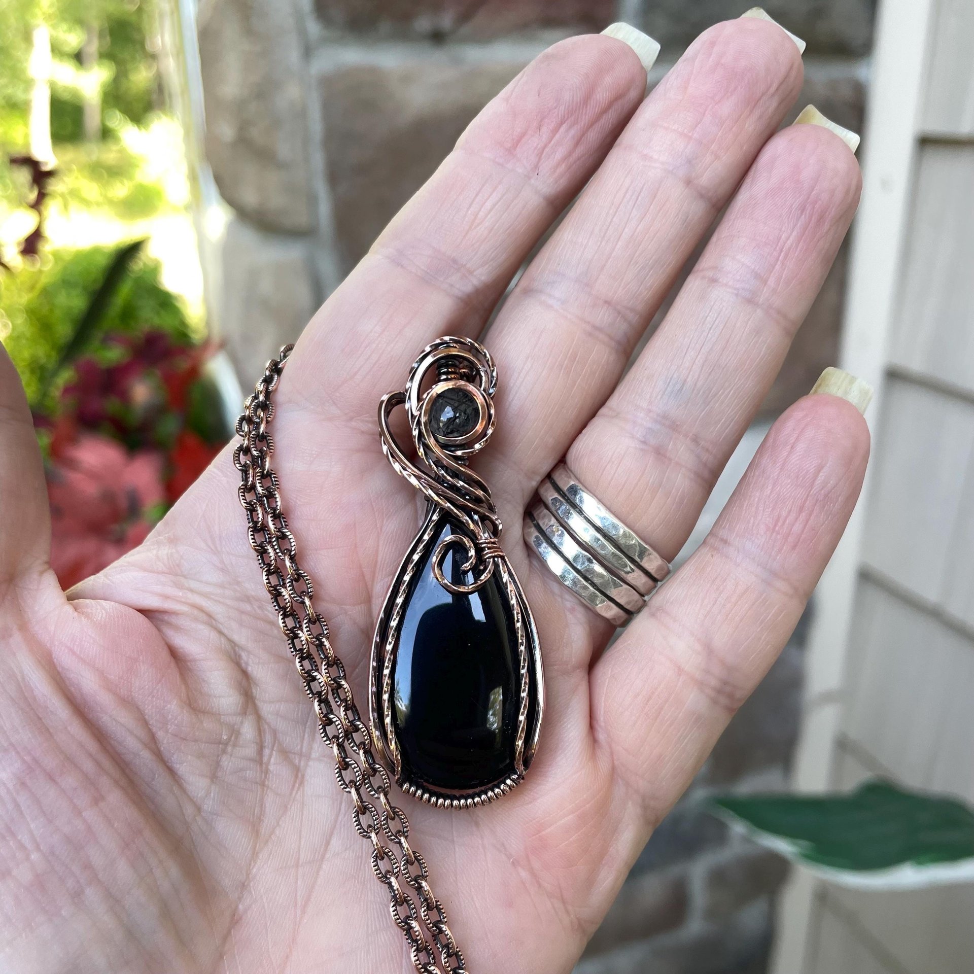 Black Onyx w/Black Rutile Accent Copper Necklace