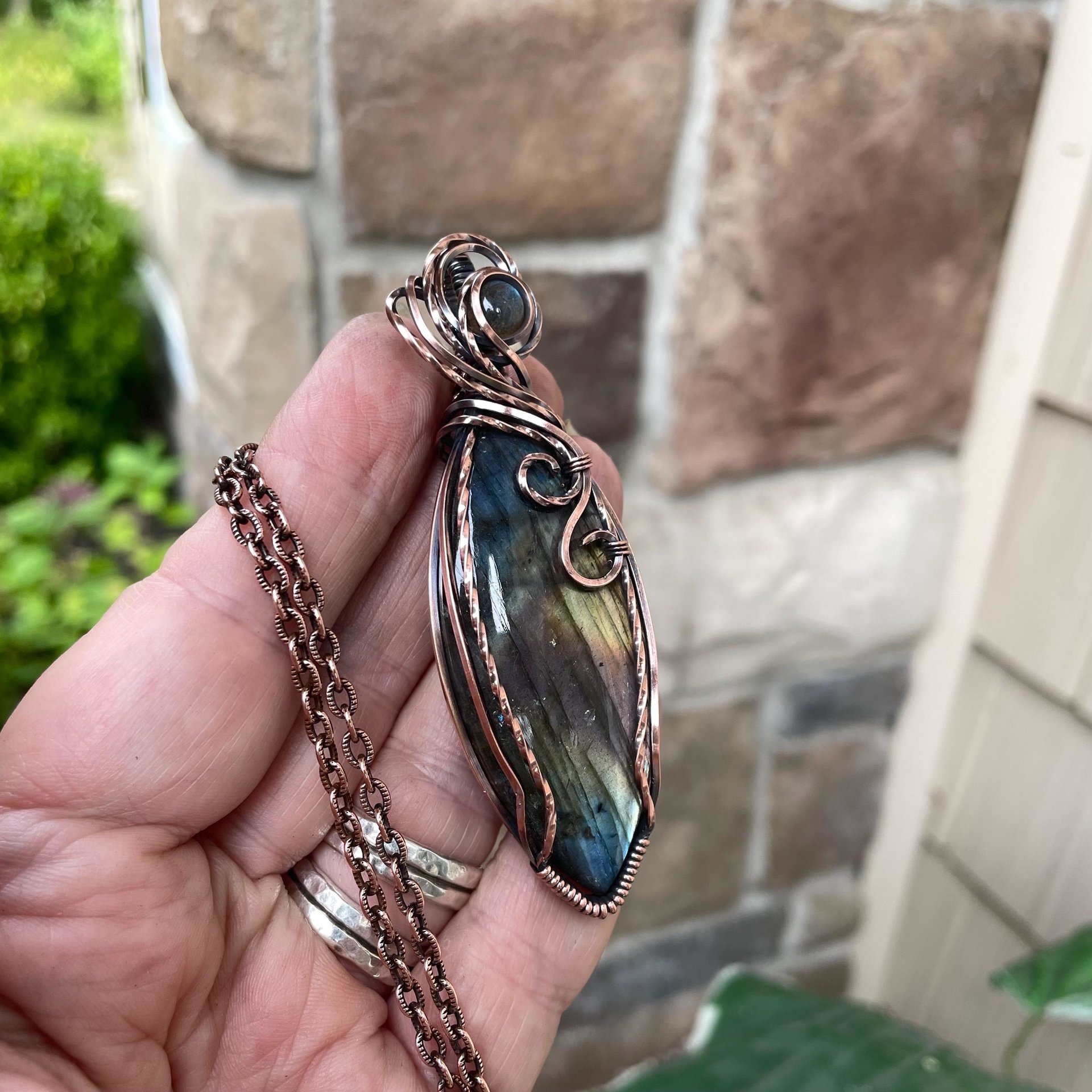 Rainbow Labradorite Marquis Swirly Copper Pendant