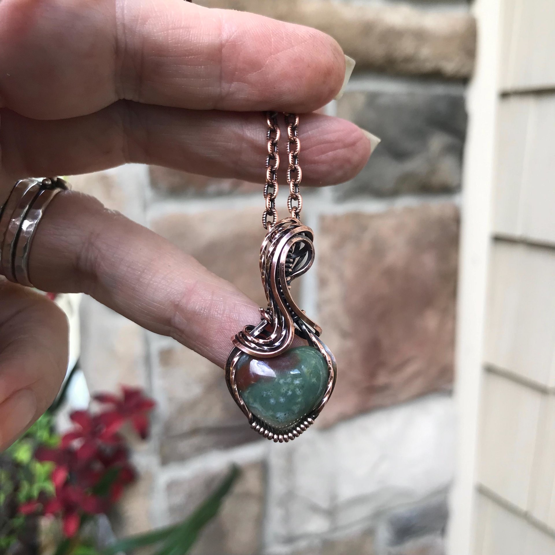 Moss Agate Small Heart Copper Necklace