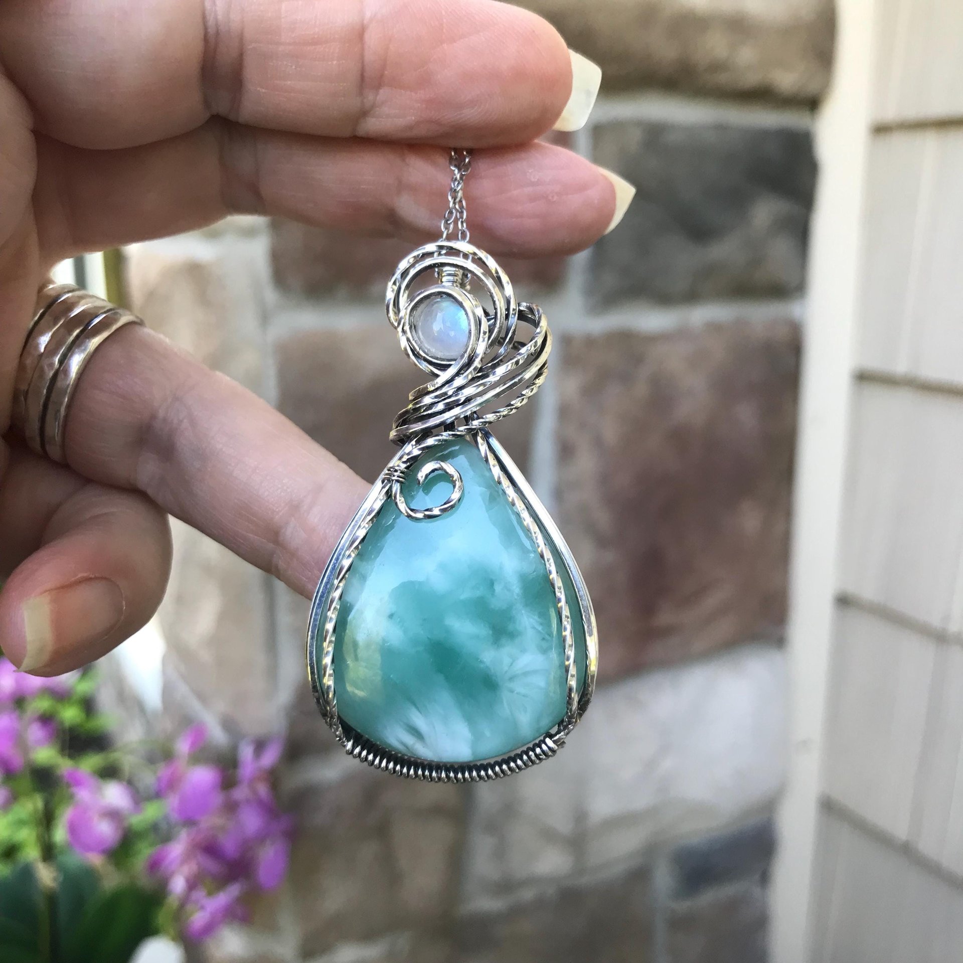 Blue Hemimorphite & Moonstone Silver Pendant