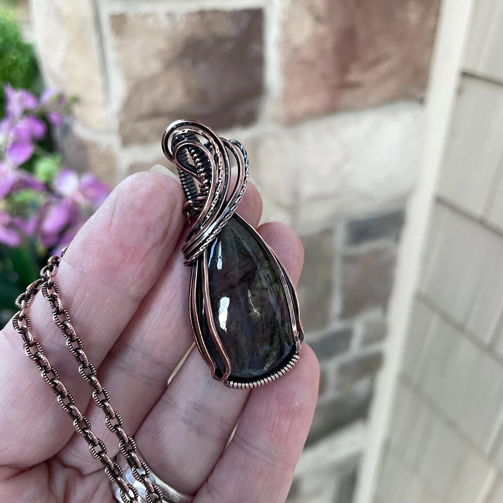Pink Purple Labradorite Teardrop Copper Pendant