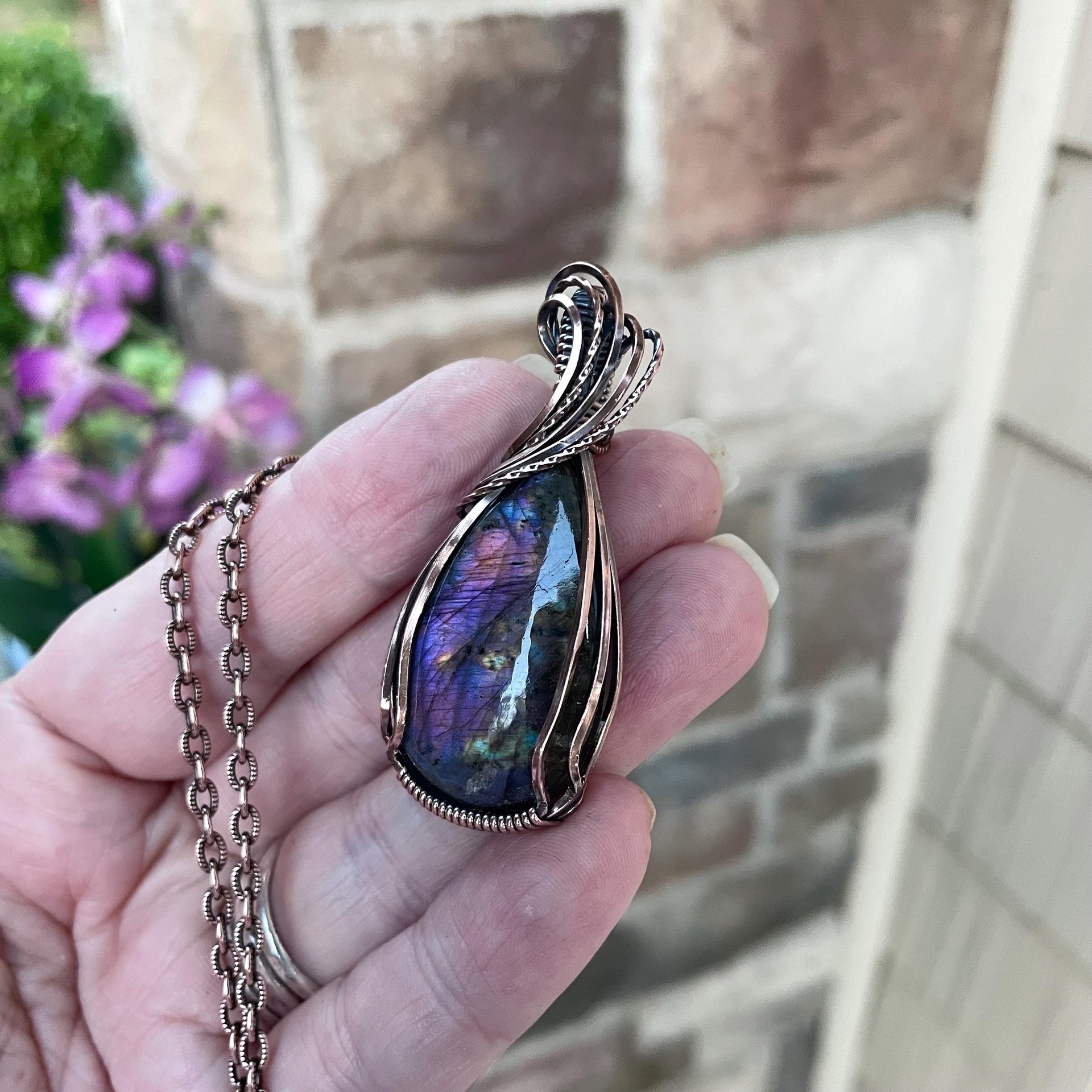 Pink Purple Labradorite Teardrop Copper Pendant
