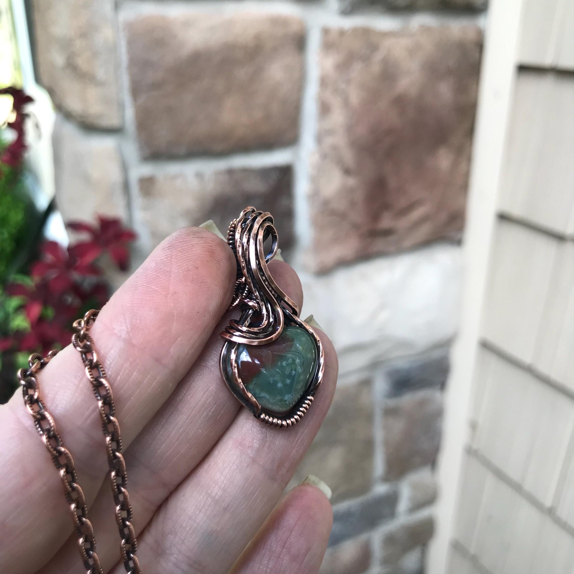 Moss Agate Small Heart Copper Necklace