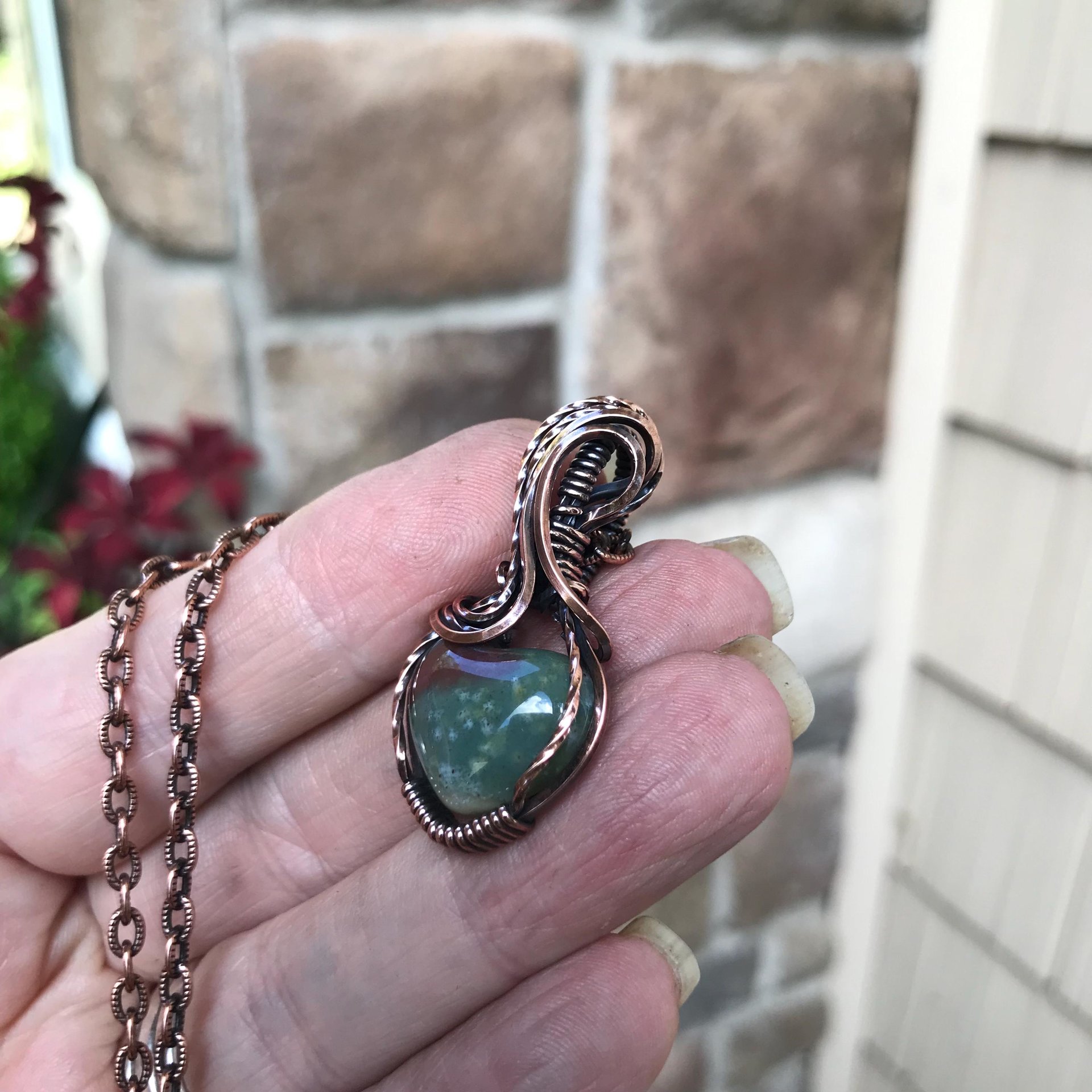 Moss Agate Small Heart Copper Necklace