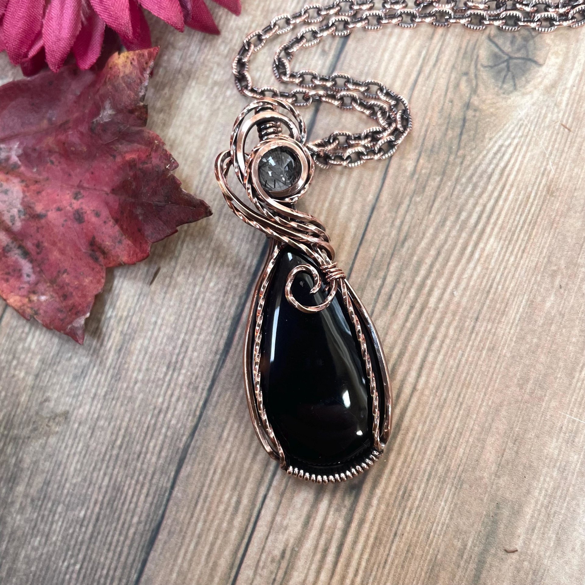 Black Onyx w/Black Rutile Accent Copper Necklace