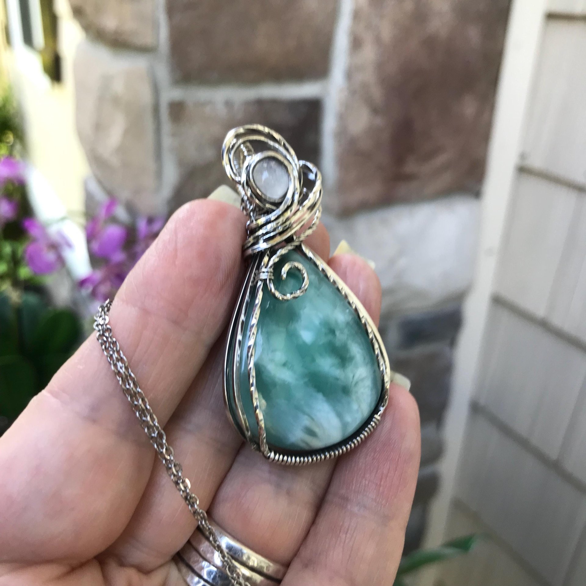Blue Hemimorphite & Moonstone Silver Pendant