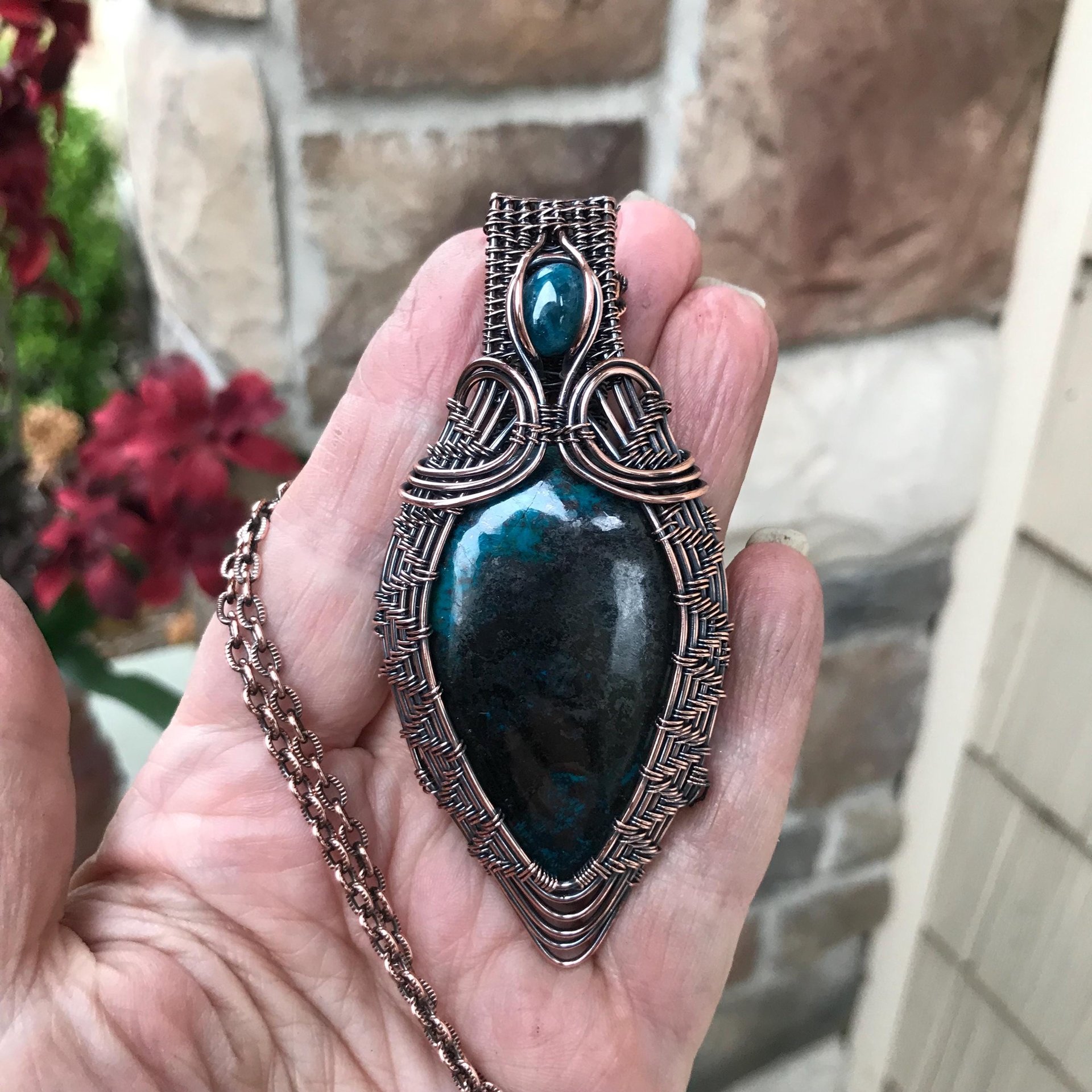 Shattuckite Tenorite & Apatite Woven Copper Necklace