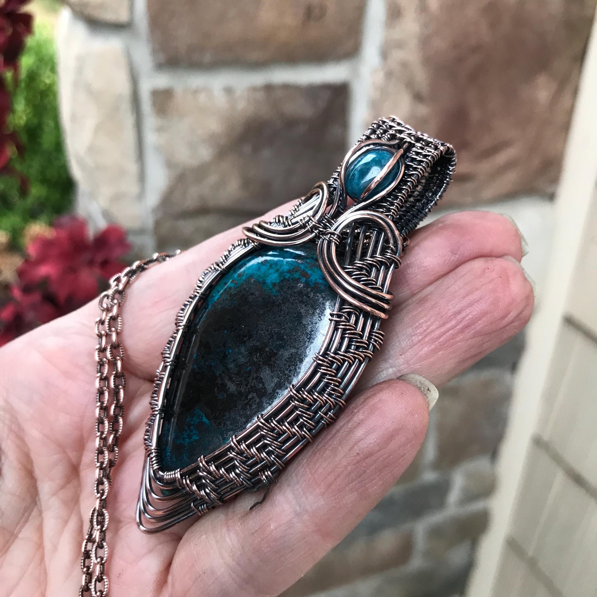 Shattuckite Tenorite & Apatite Woven Copper Necklace