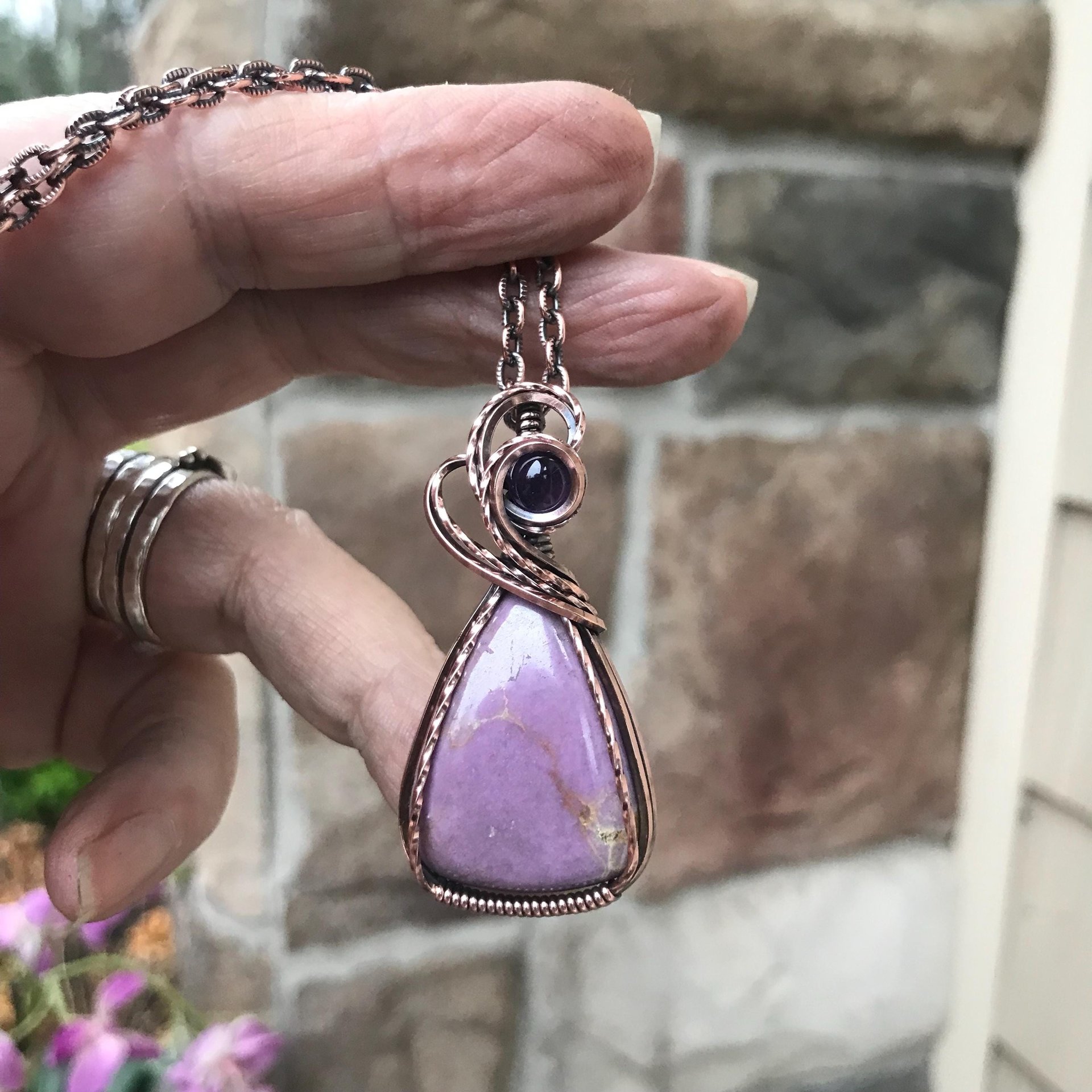Phosphosiderite & Amethyst Copper Pendant
