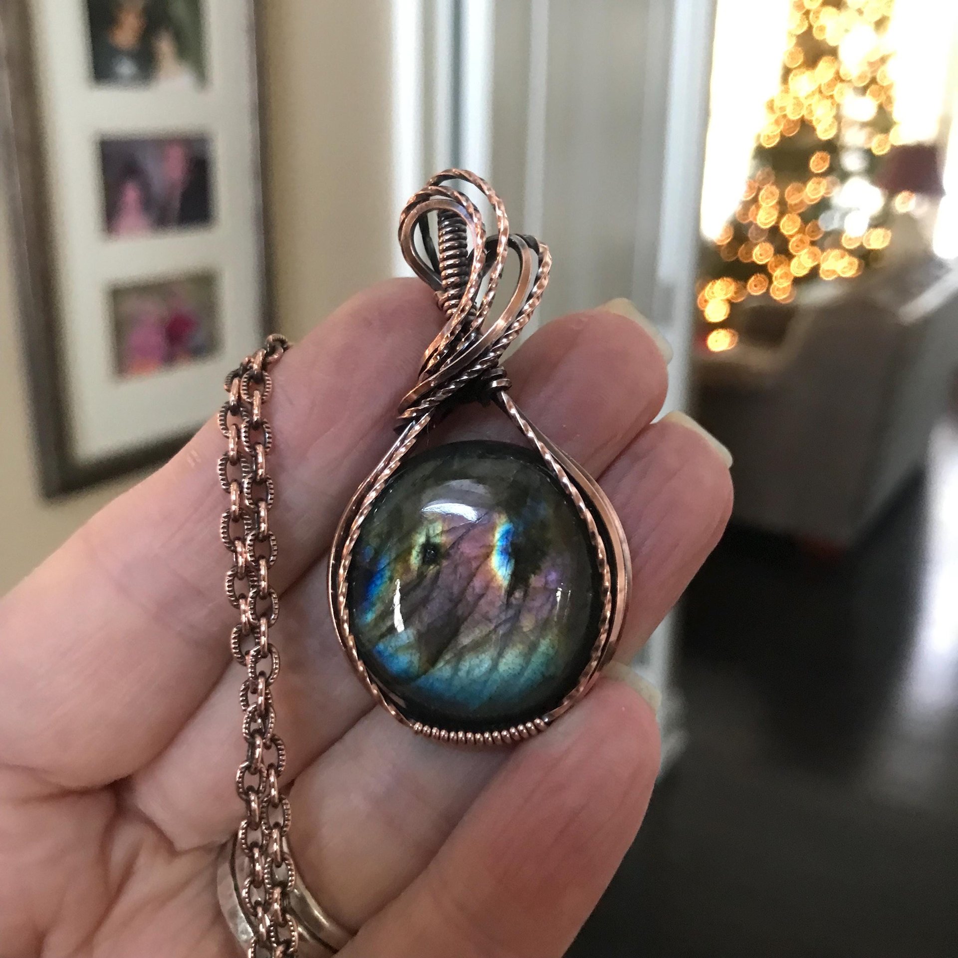 Rainbow Labradorite Round Copper Pendant