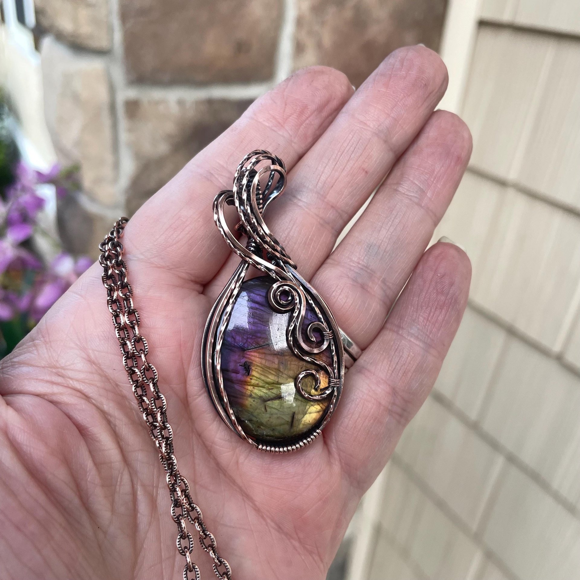 Rainbow Labradorite Oval Swirly Copper Pendant