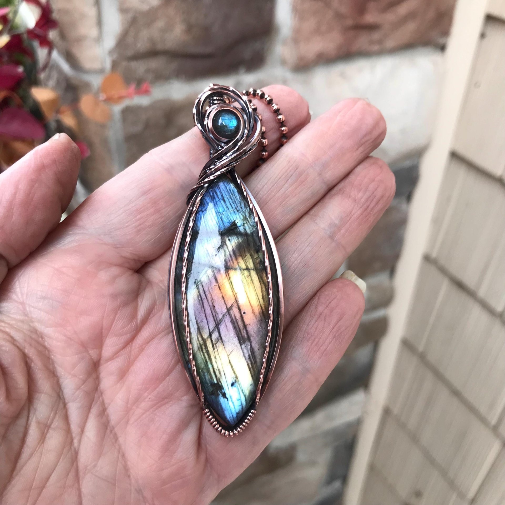 Rainbow Labradorite Marquis Copper Pendant