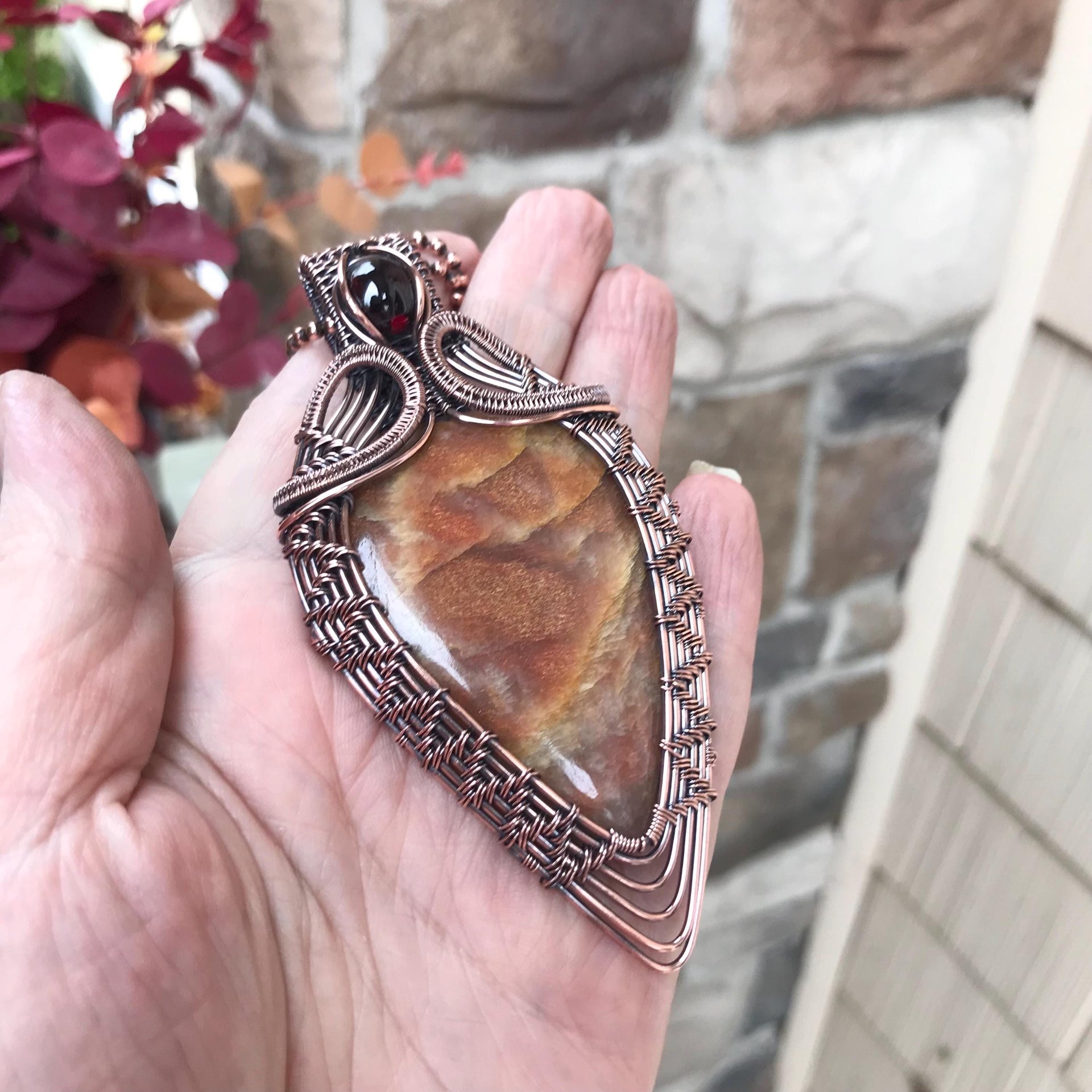 Golden Sunstone & Garnet Woven Pendant