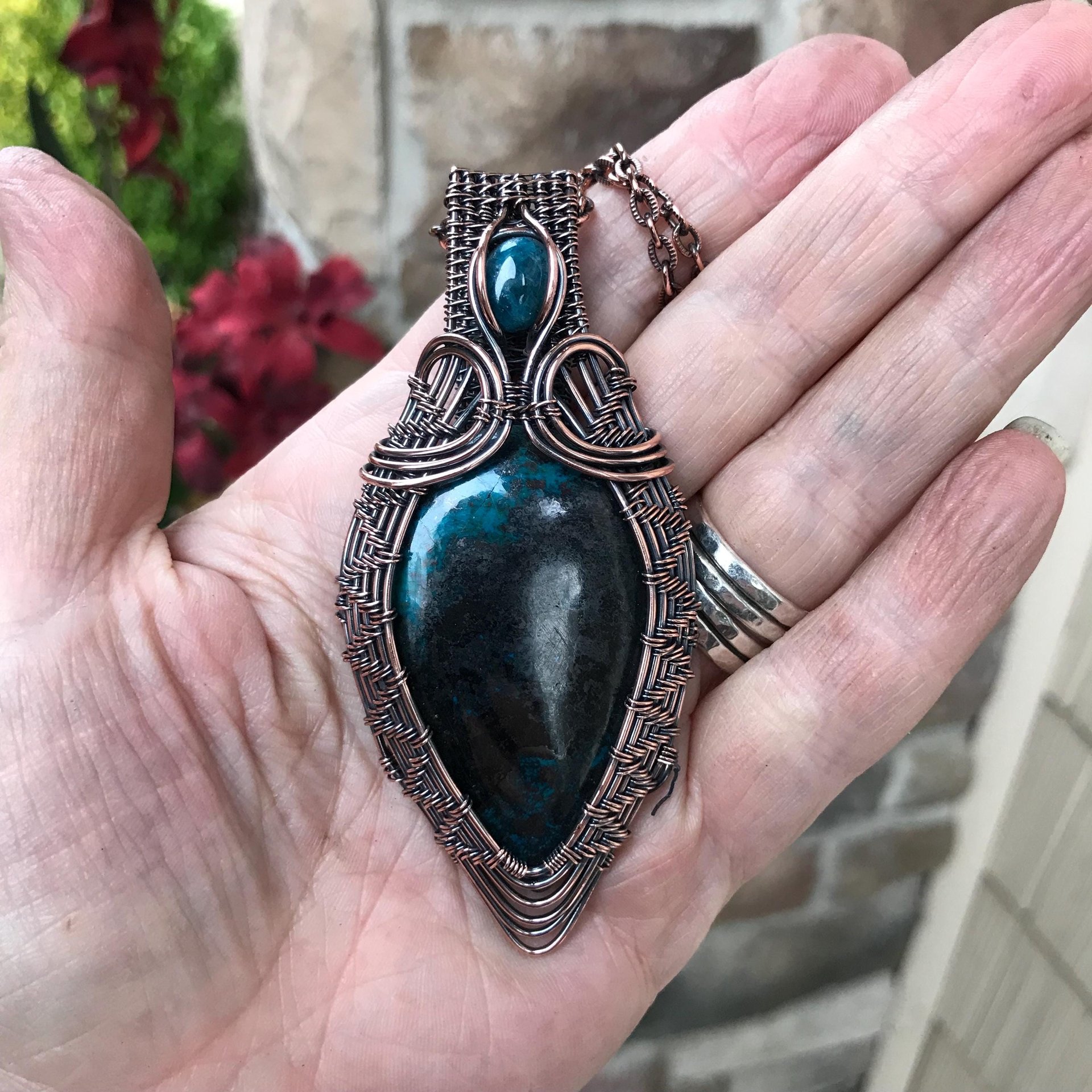 Shattuckite Tenorite & Apatite Woven Copper Necklace