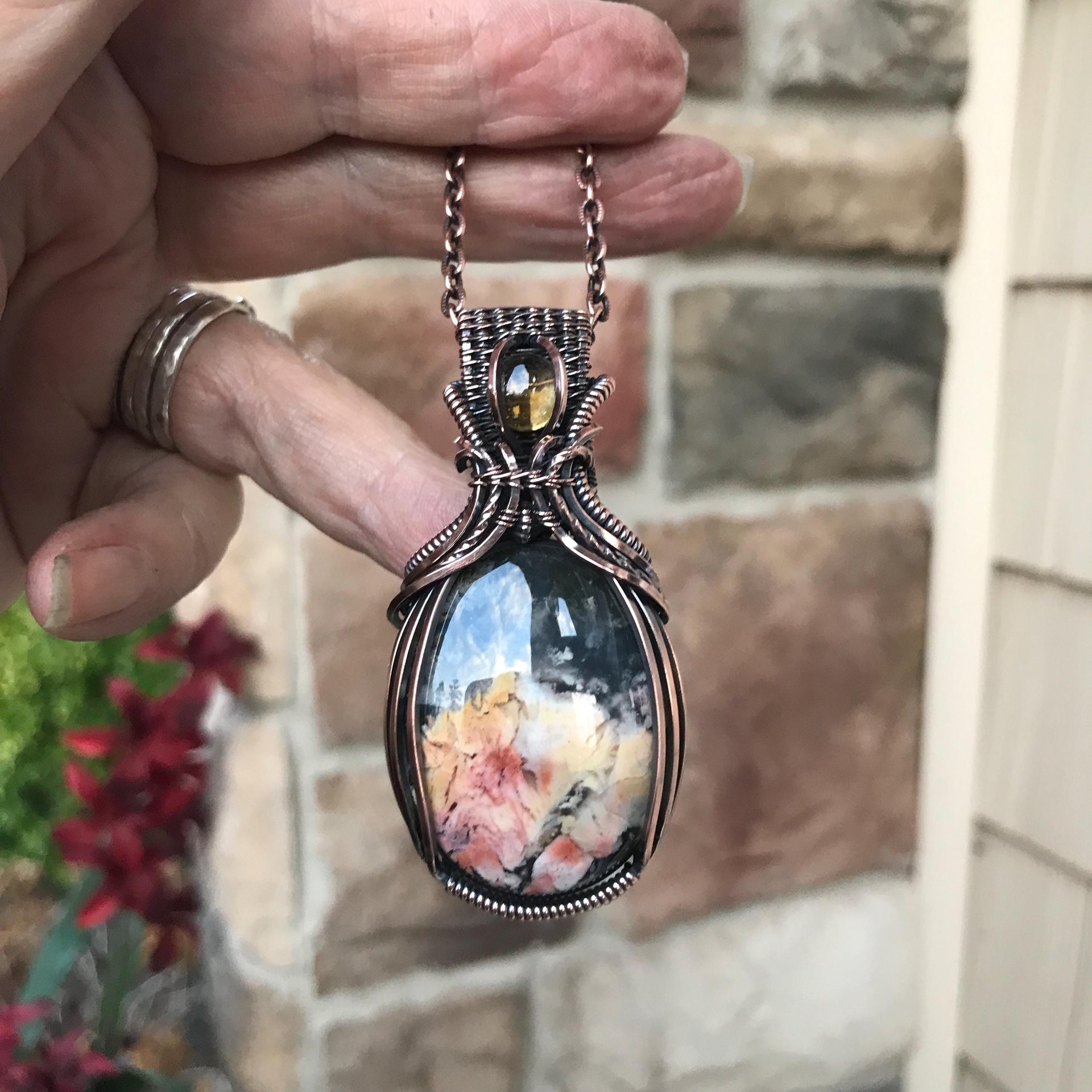 Feather Ridge Plume Agate Doublet & Citrine Copper Pendant with Weaving